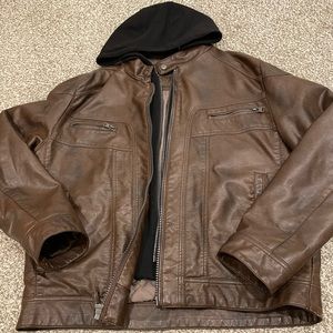 Calvin Klein Men's Faux Lamb Leather Moto Jacket with Removable Hood and Bib